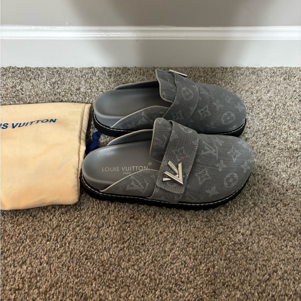 Louis Vuitton Gray Monogram Slip On Mules - Picture 2 of 5